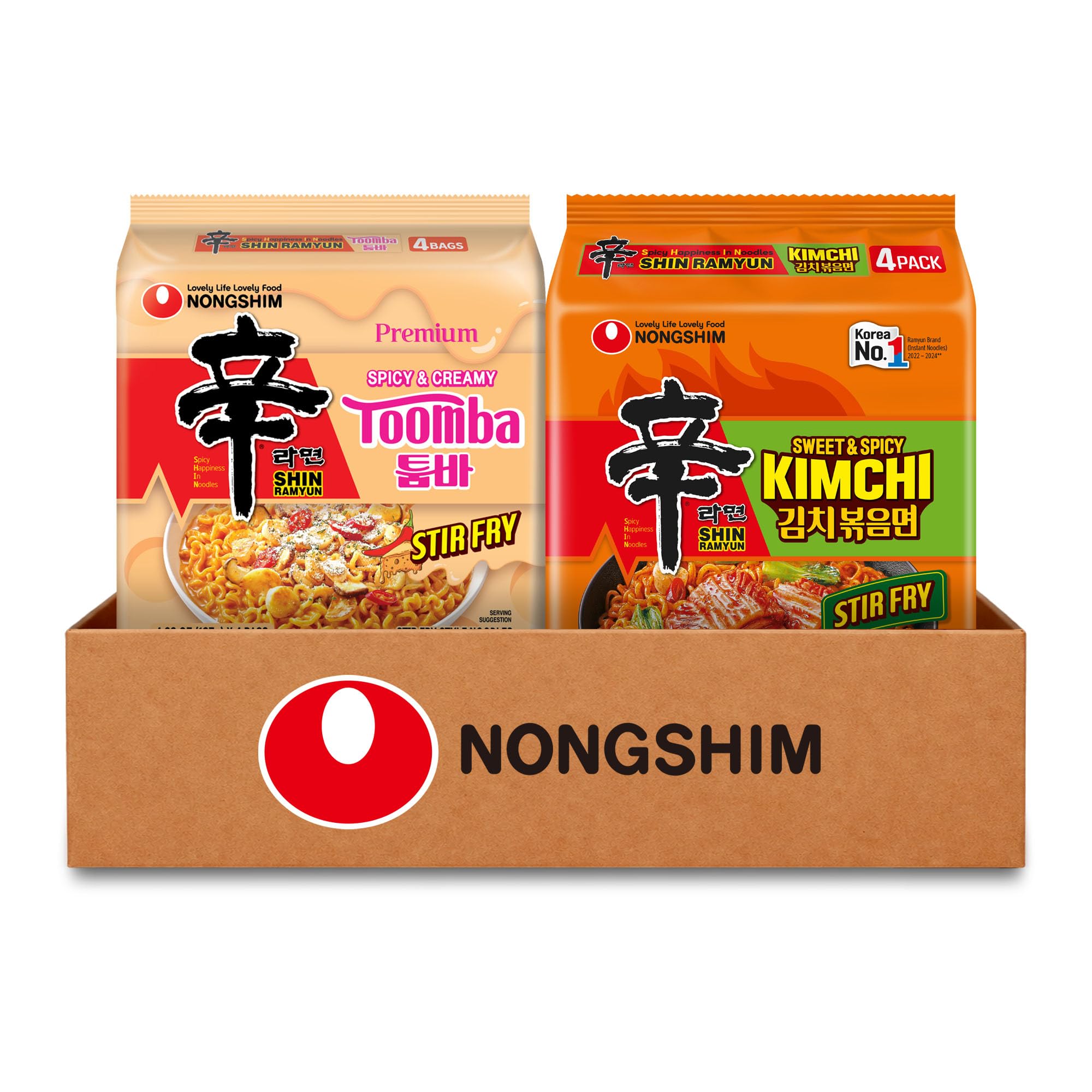 Nongshim Shin Toomba and Kimchi variety pack front view showing packaging and bold flavors