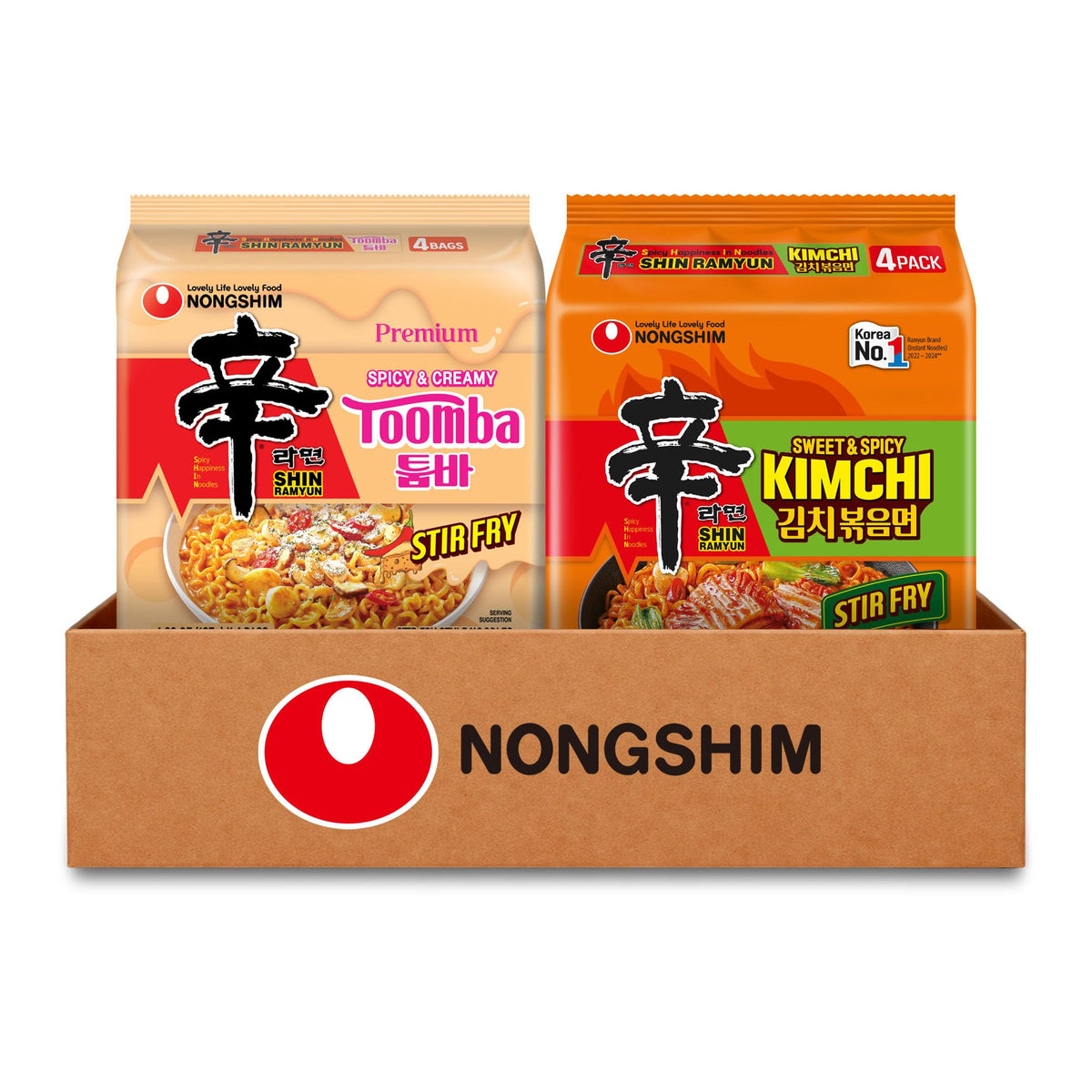 Nongshim Shin Toomba and Kimchi variety pack front view showing packaging and bold flavors