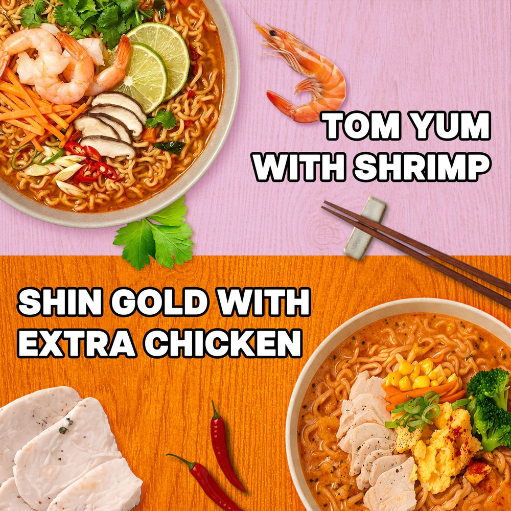 Nongshim Shin Tom Yum bowl with shrimp and lime for bright flavor