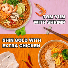 Nongshim Shin Tom Yum bowl with shrimp and lime for bright flavor