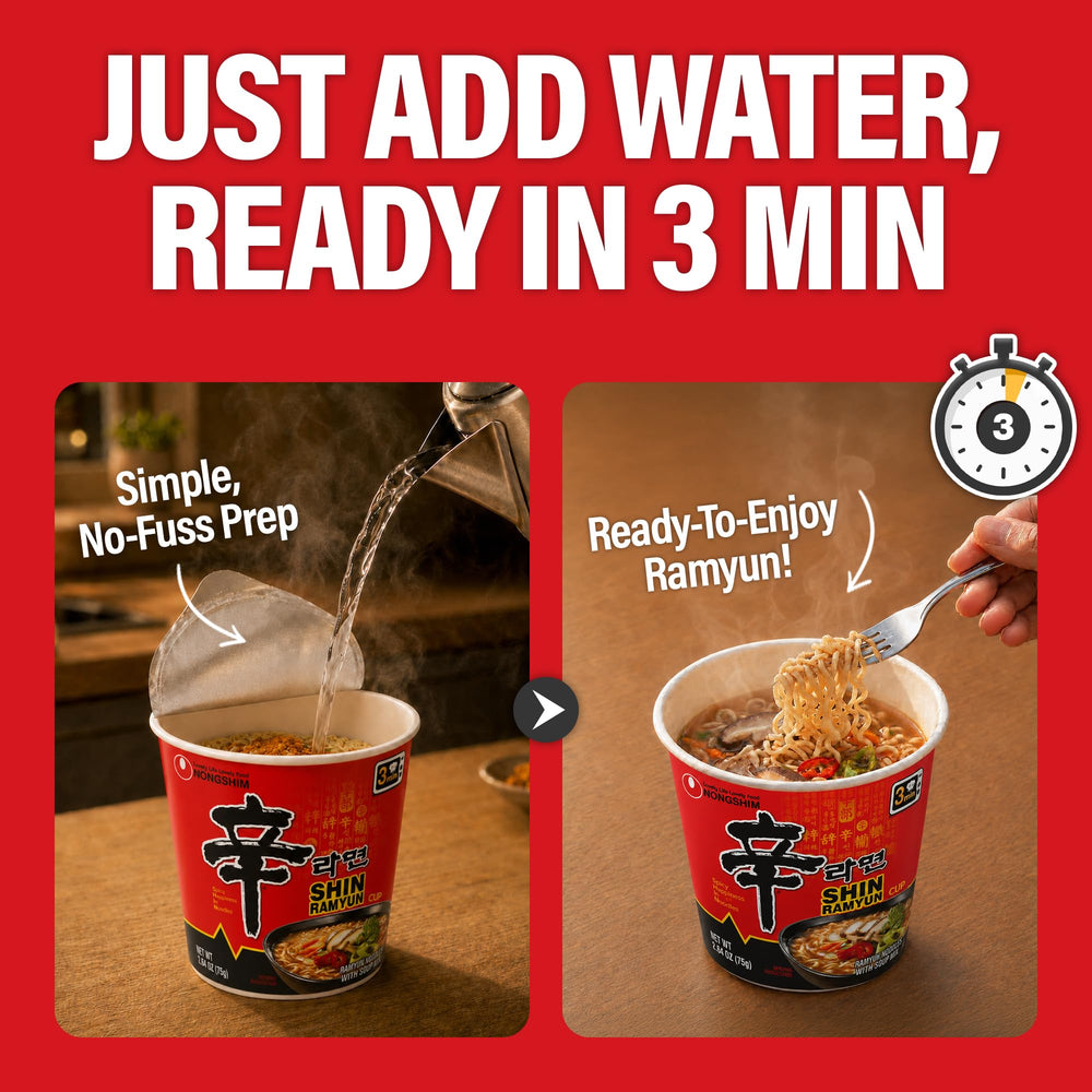 Nongshim Tempura Udon cup open showing thick udon noodles and comforting texture