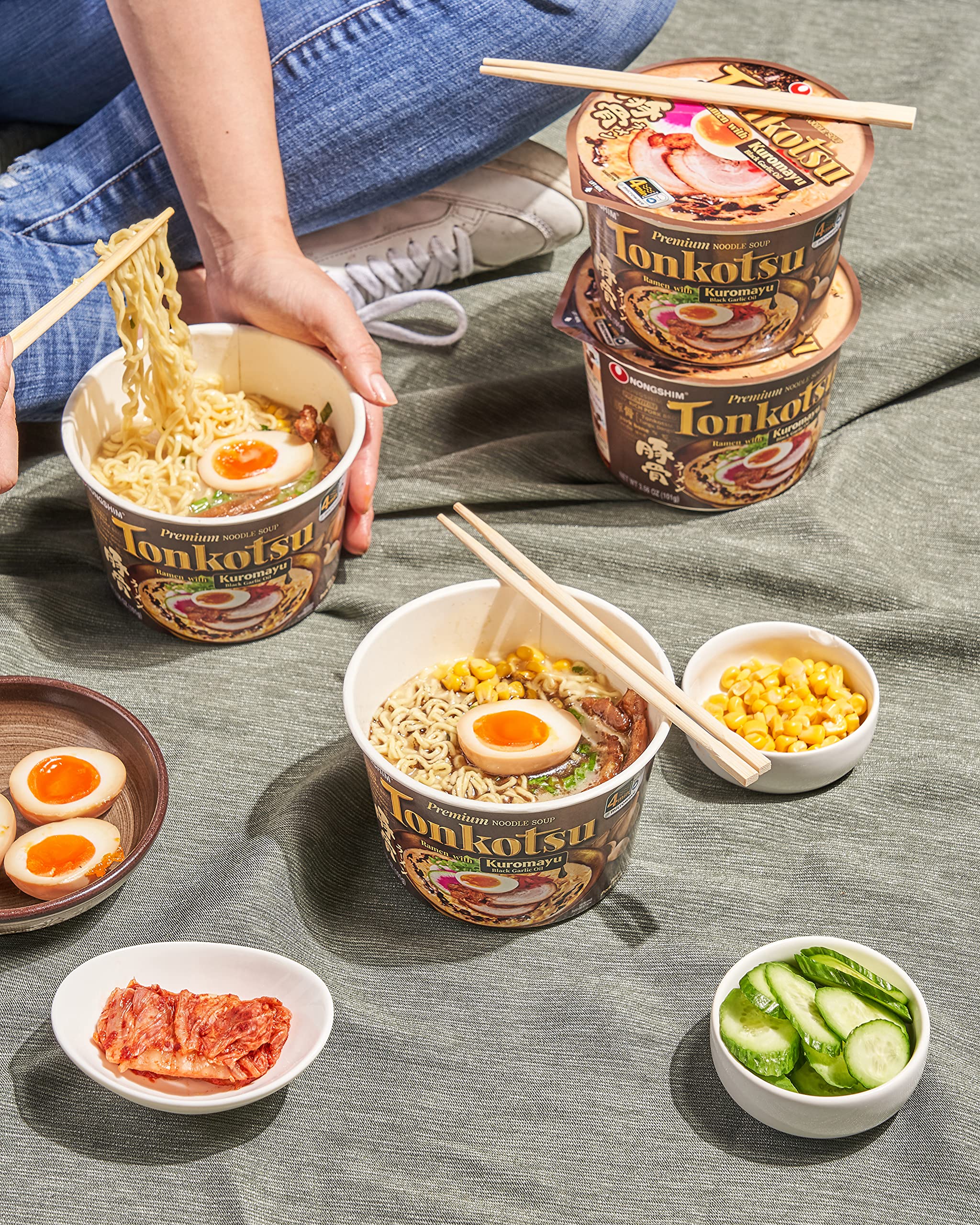 Prepared Nongshim tonkotsu bowl on table illustrating a satisfying quick meal option