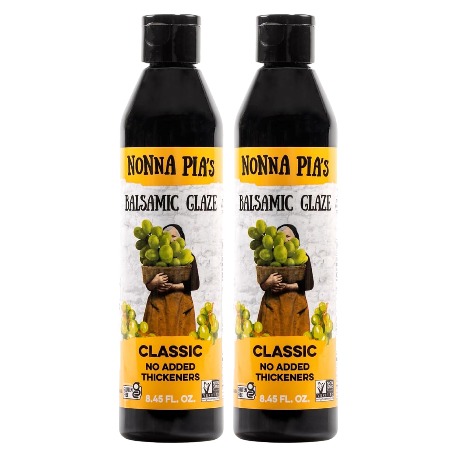 Nonna Pia's front bottle view showing elegant label and pantry-ready benefit