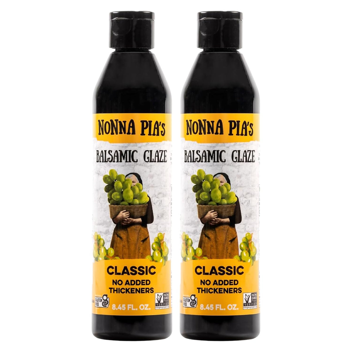 Nonna Pia's front bottle view showing elegant label and pantry-ready benefit