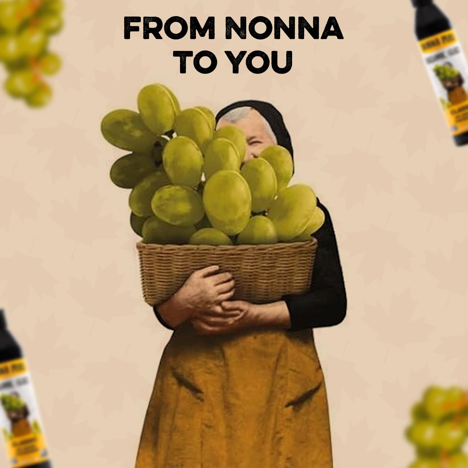Nonna Pia's bottle on serving board in kitchen setting suggesting entertaining use