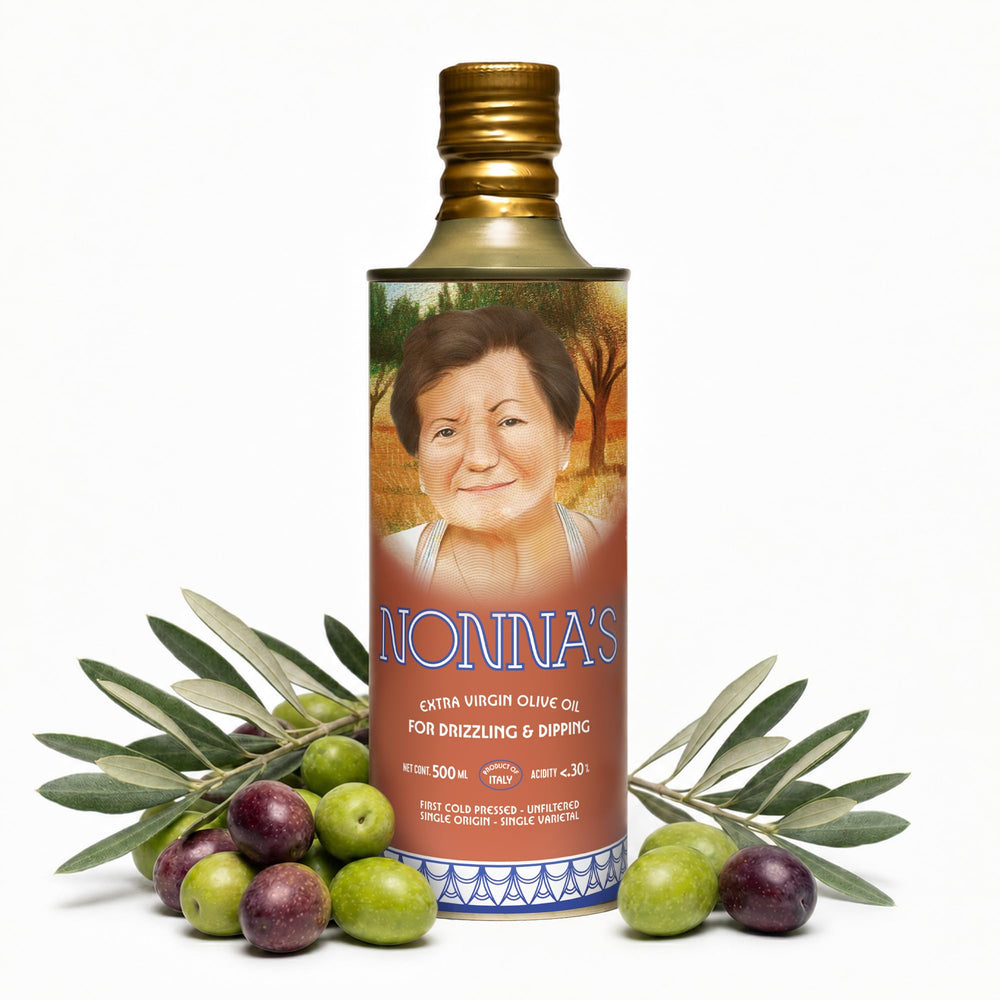 nonna's olive oil front bottle showing elegant glass and cap, highlights premium packaging