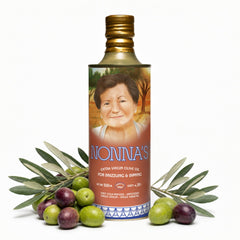 nonna's olive oil front bottle showing elegant glass and cap, highlights premium packaging