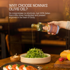 nonna's olive oil label close-up displaying Biancolilla origin and authentic Sicilian pride