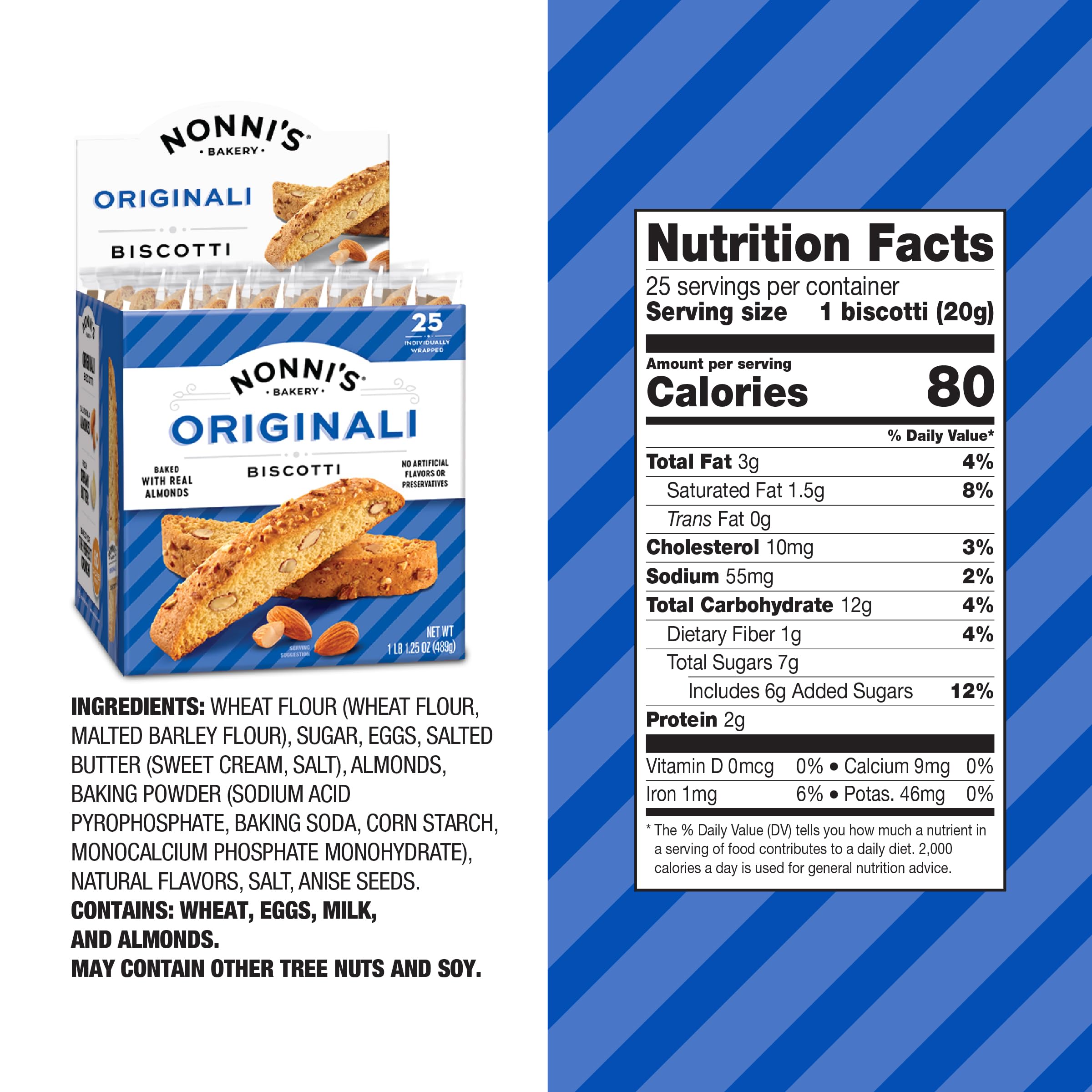 Nonni's individually wrapped biscotti stacked for convenience and portability
