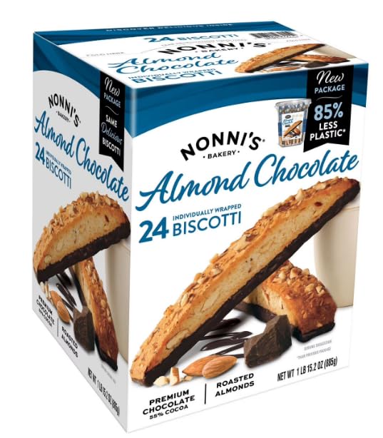 Nonni's almond chocolate biscotti box front showing packaging and heap of cookies for gifting