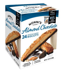 Nonni's almond chocolate biscotti box front showing packaging and heap of cookies for gifting