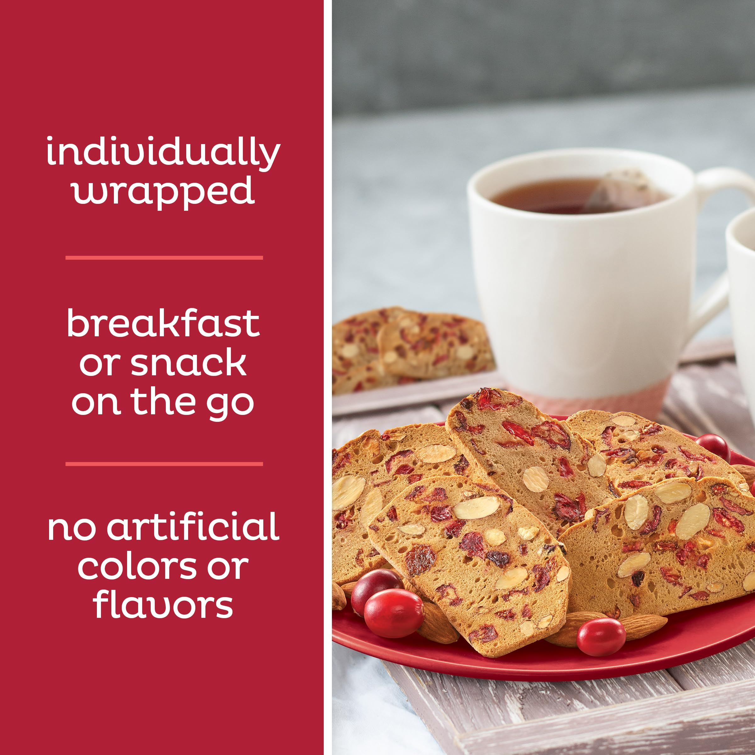 Nonni's close-up of almond cranberry thin cookie texture and crispness