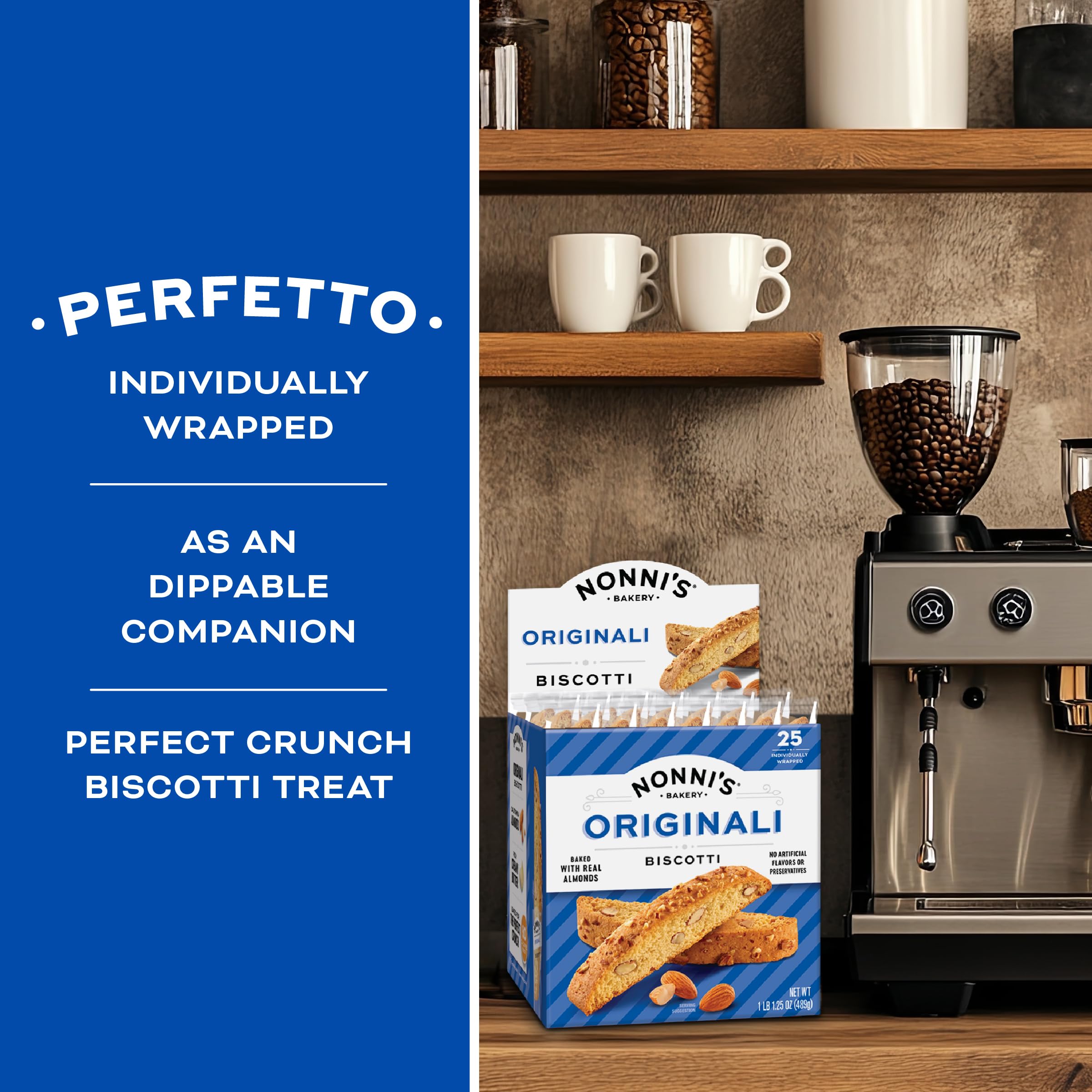 Nonni's open carton revealing 25 individually wrapped biscotti for display