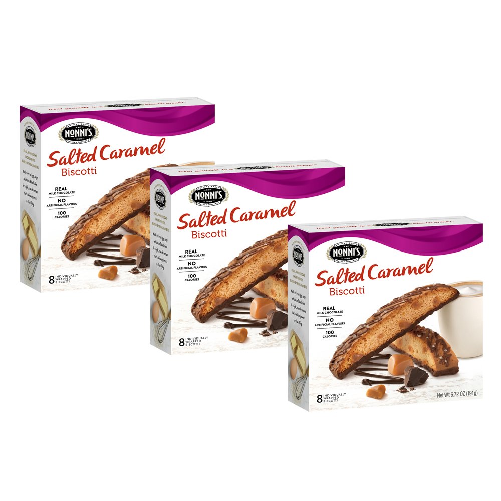 Nonni's box front showing salted caramel biscotti and branding, highlights flavor