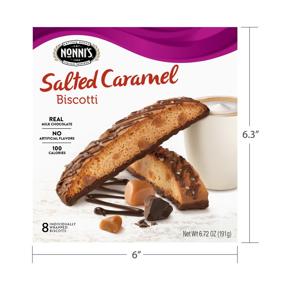 Nonni's open box displaying eight individually wrapped biscotti per box convenience