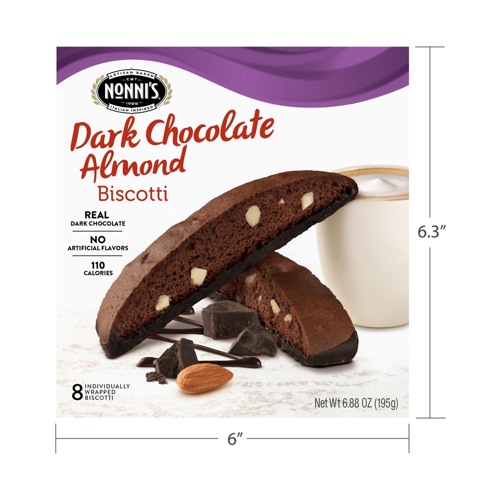 Nonni's open box with eight biscotti visible to show count and packaging layout