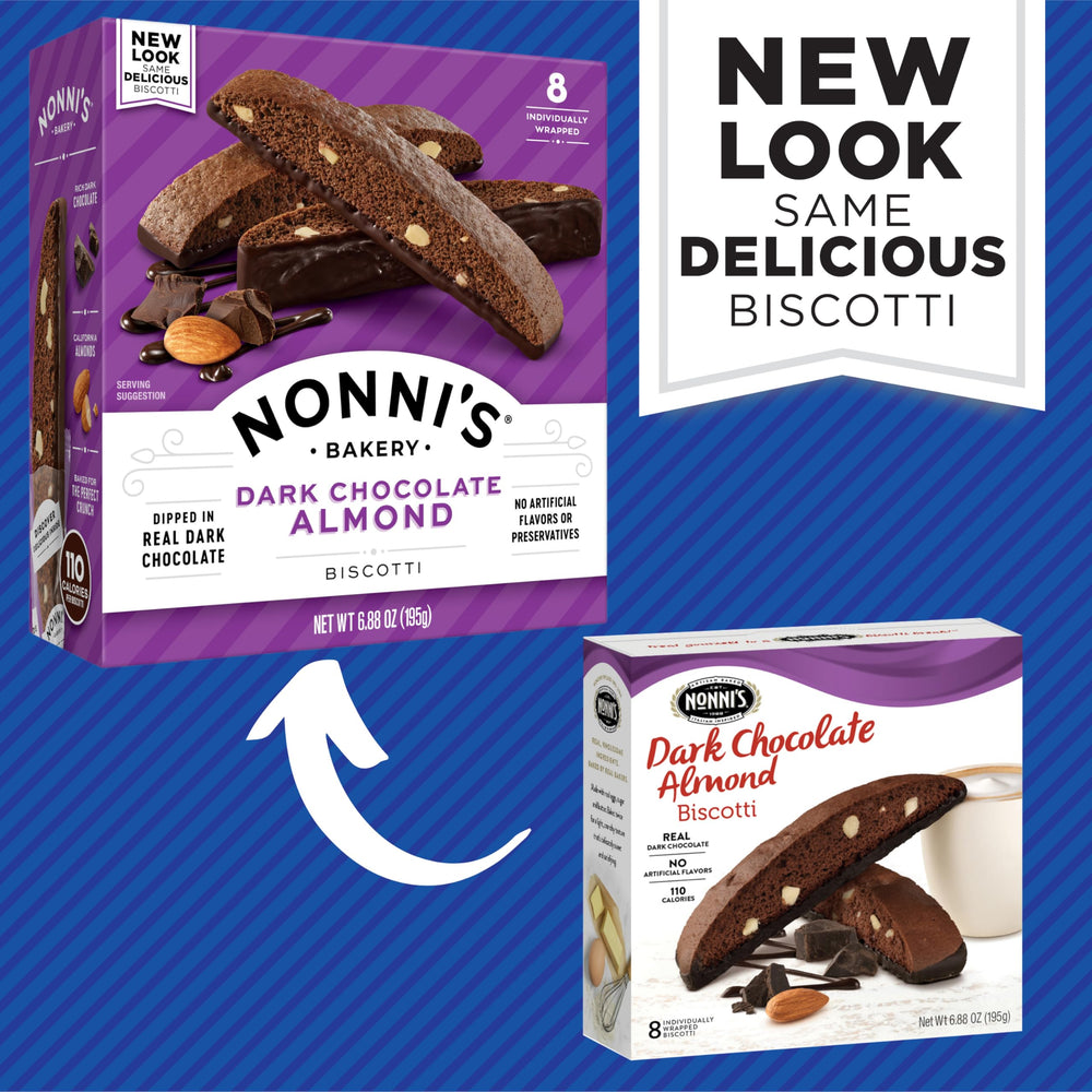 Close-up of Nonni's biscotti texture with visible almonds and chocolate, highlighting crunchy bite