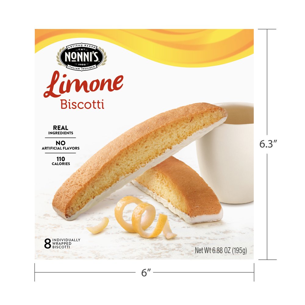 Nonni's open box displaying all eight individually wrapped biscotti inside