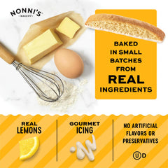 Nonni's close-up of biscotti texture highlighting crispness and lemon specks for taste