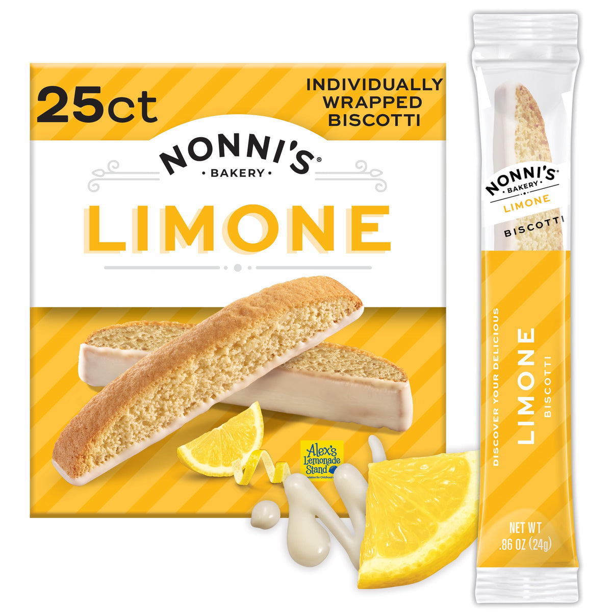 Nonni's front packaging showing 25-count box and lemon design, ideal for gifting
