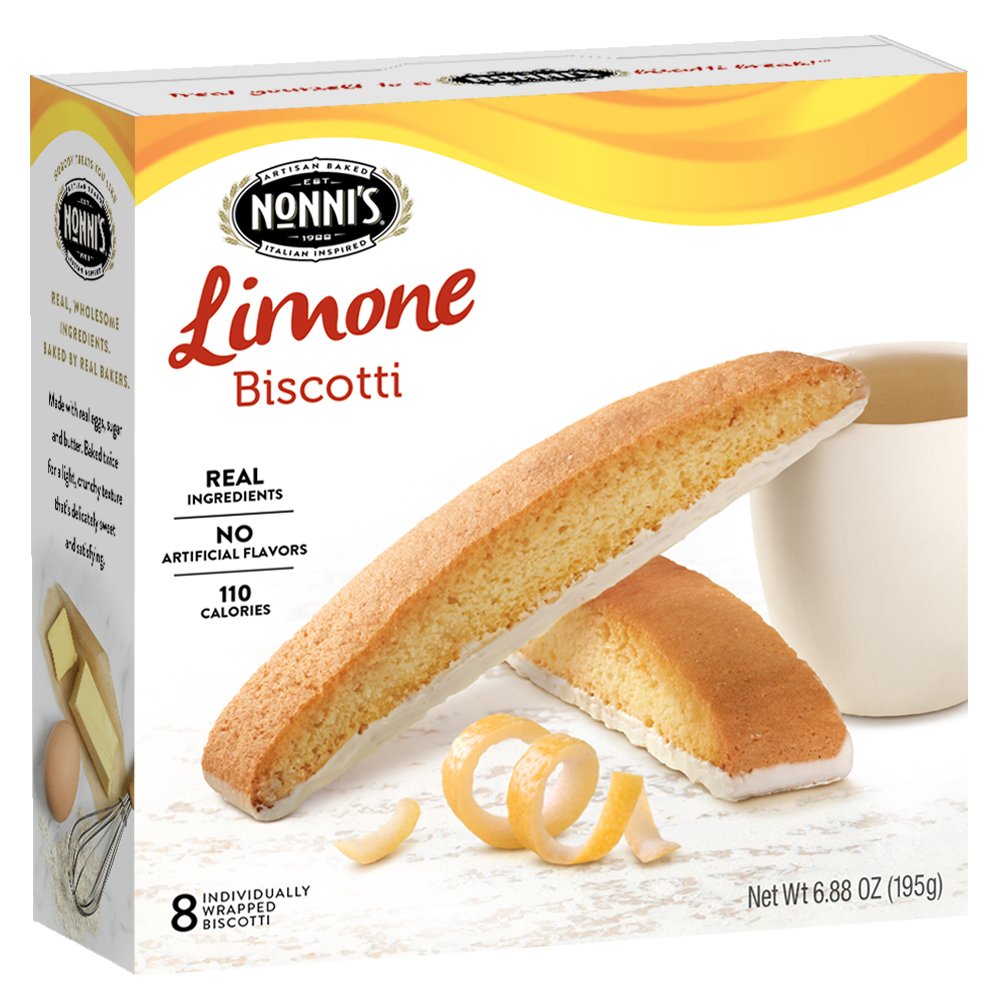 Nonni's individually wrapped Limone biscotti for freshness and convenience
