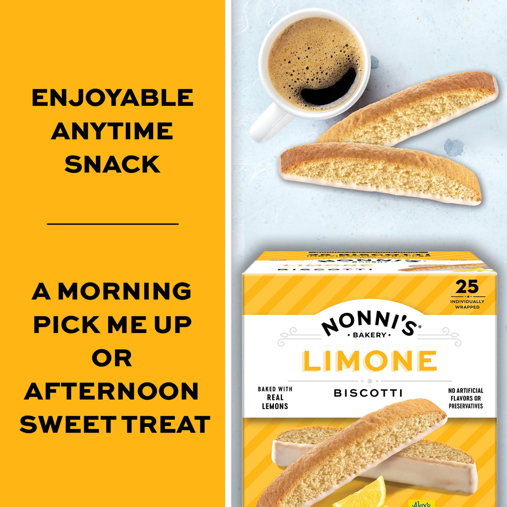 Nonni's individually wrapped biscotti laid out to show freshness and easy sharing benefit