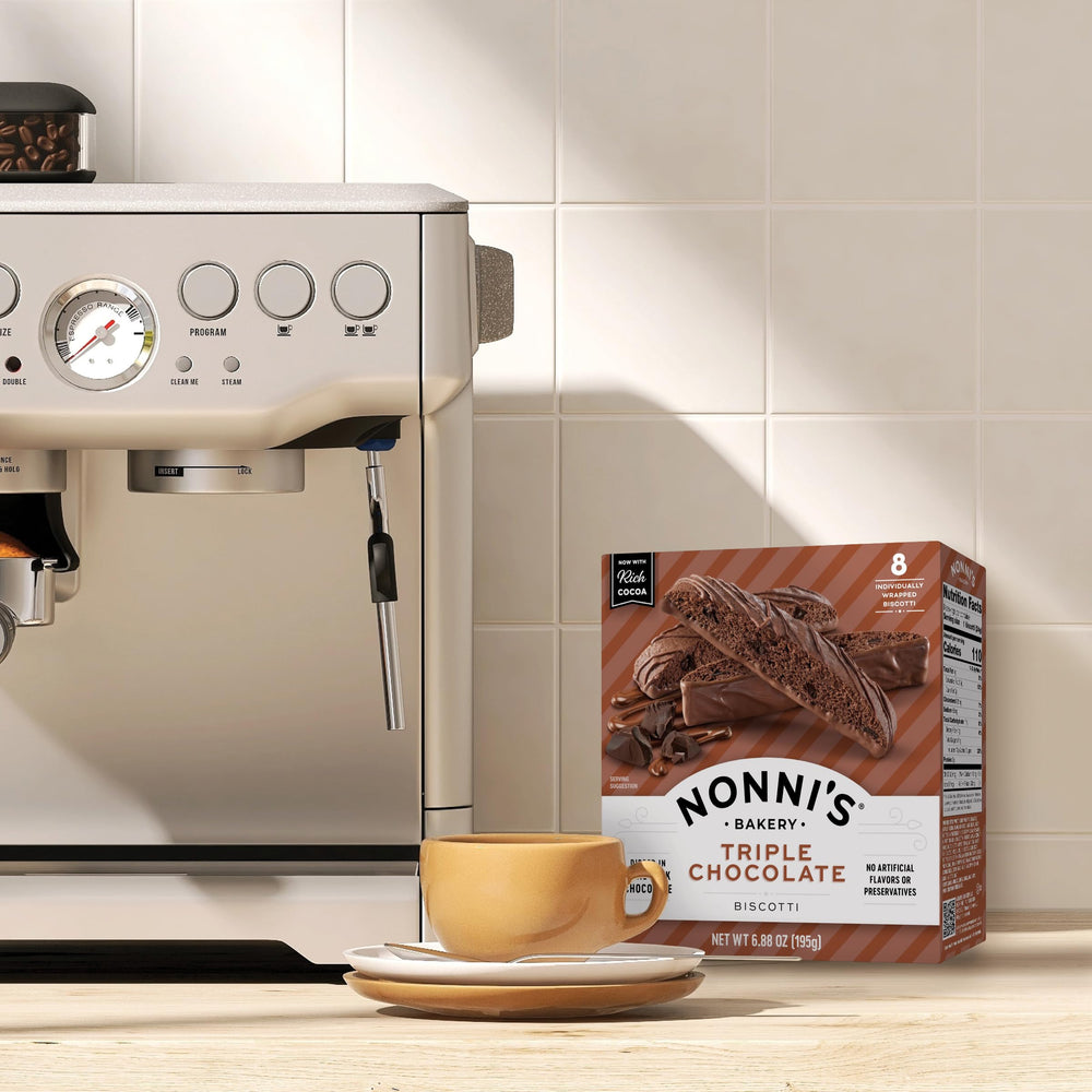 Nonni's open box revealing eight wrapped biscotti for portion convenience