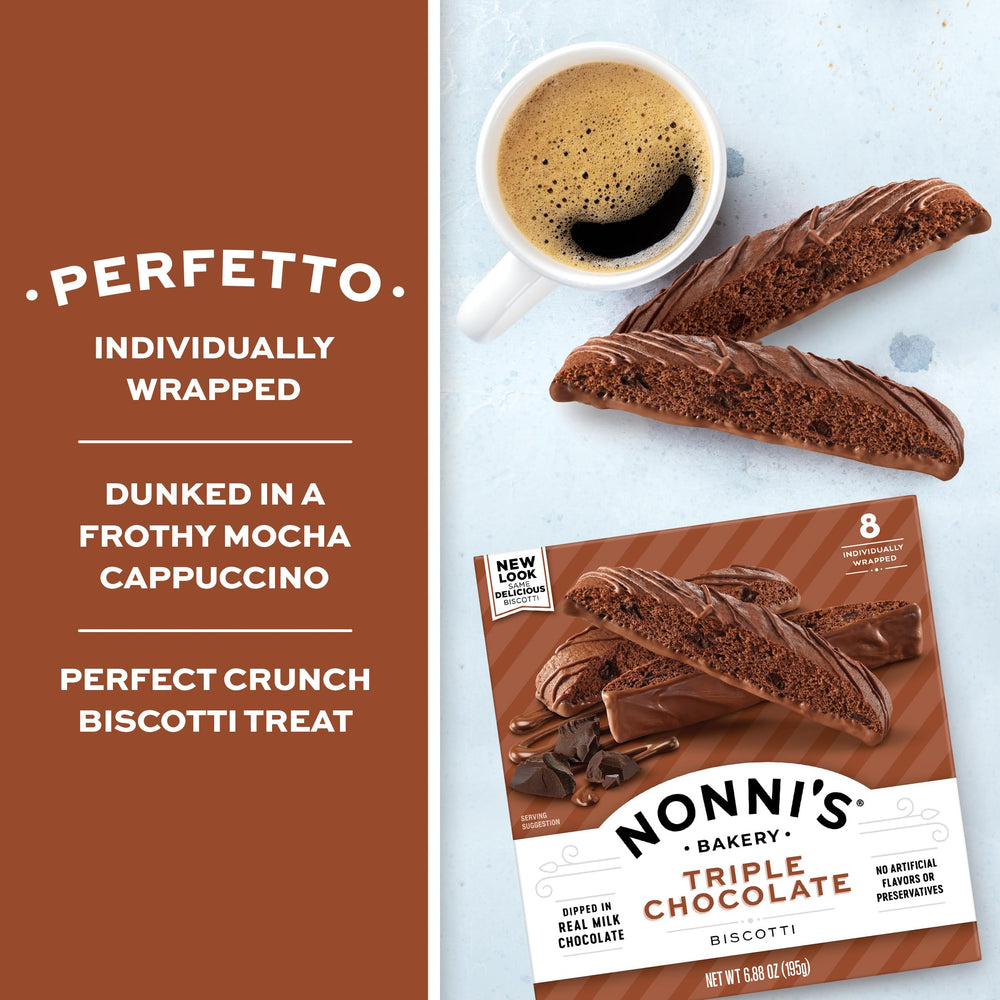 Nonni's biscotti edge dipped in milk chocolate highlighting a creamy coating