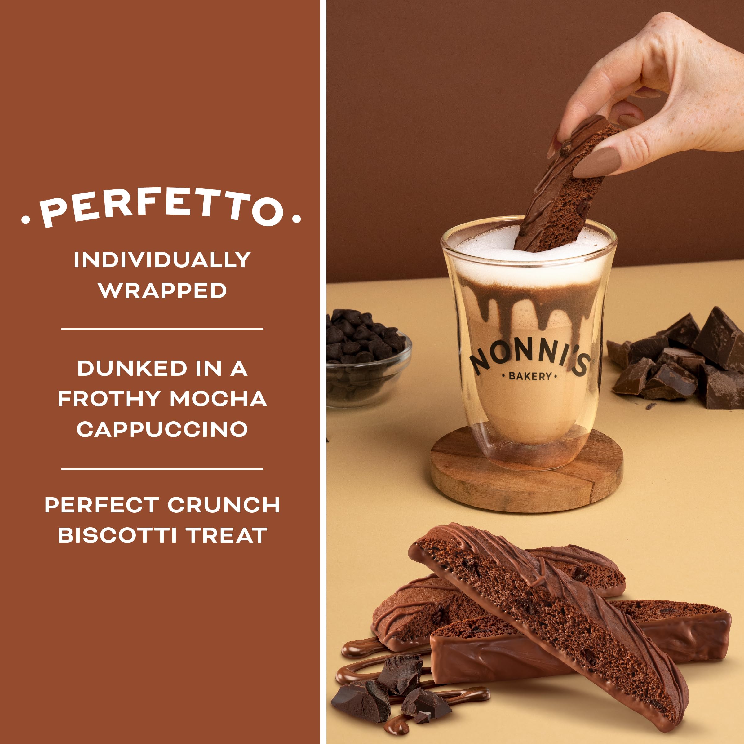 Nonni's biscotti dunked in coffee demonstrating ideal pairing and softened texture
