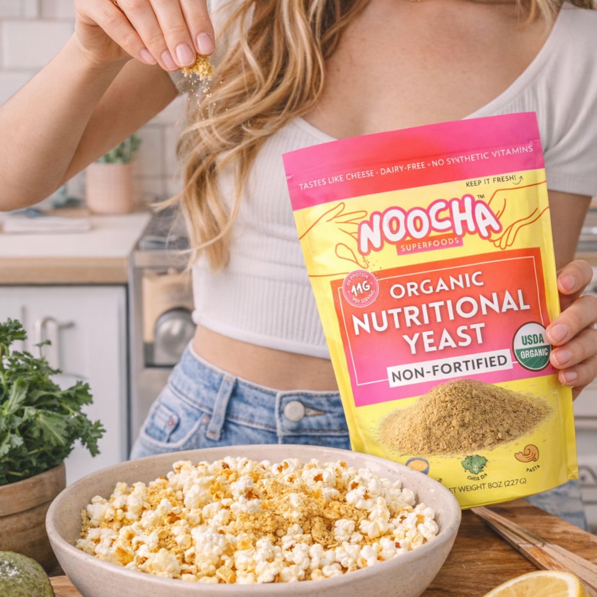 NOOCHA on roasted vegetables adding savory depth and protein