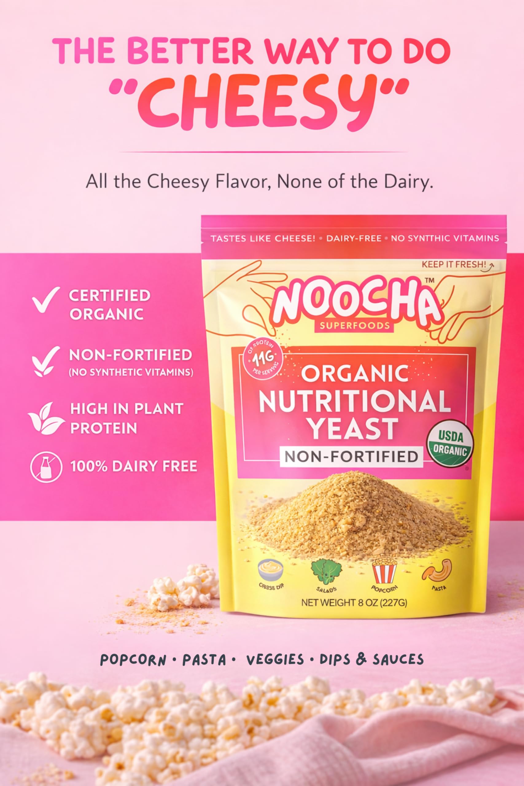 NOOCHA yeast flakes close-up texture highlighting natural cheesy aroma