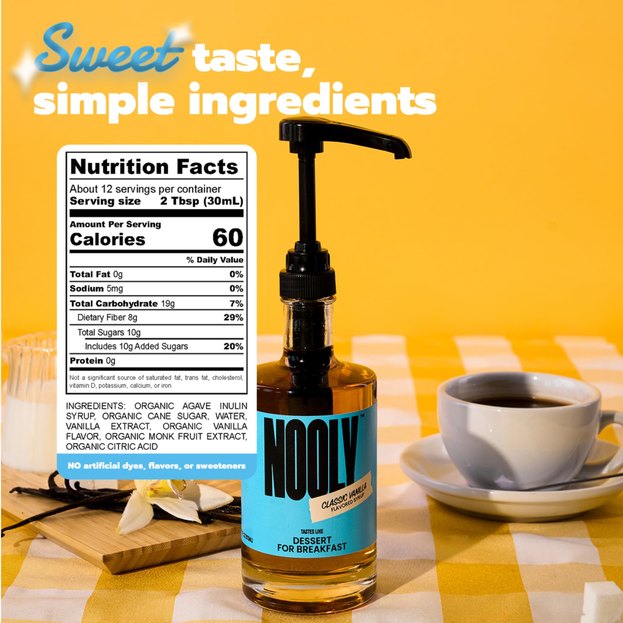 NOOLY syrup pouring into cup with smooth stream, shows easy mixing benefit