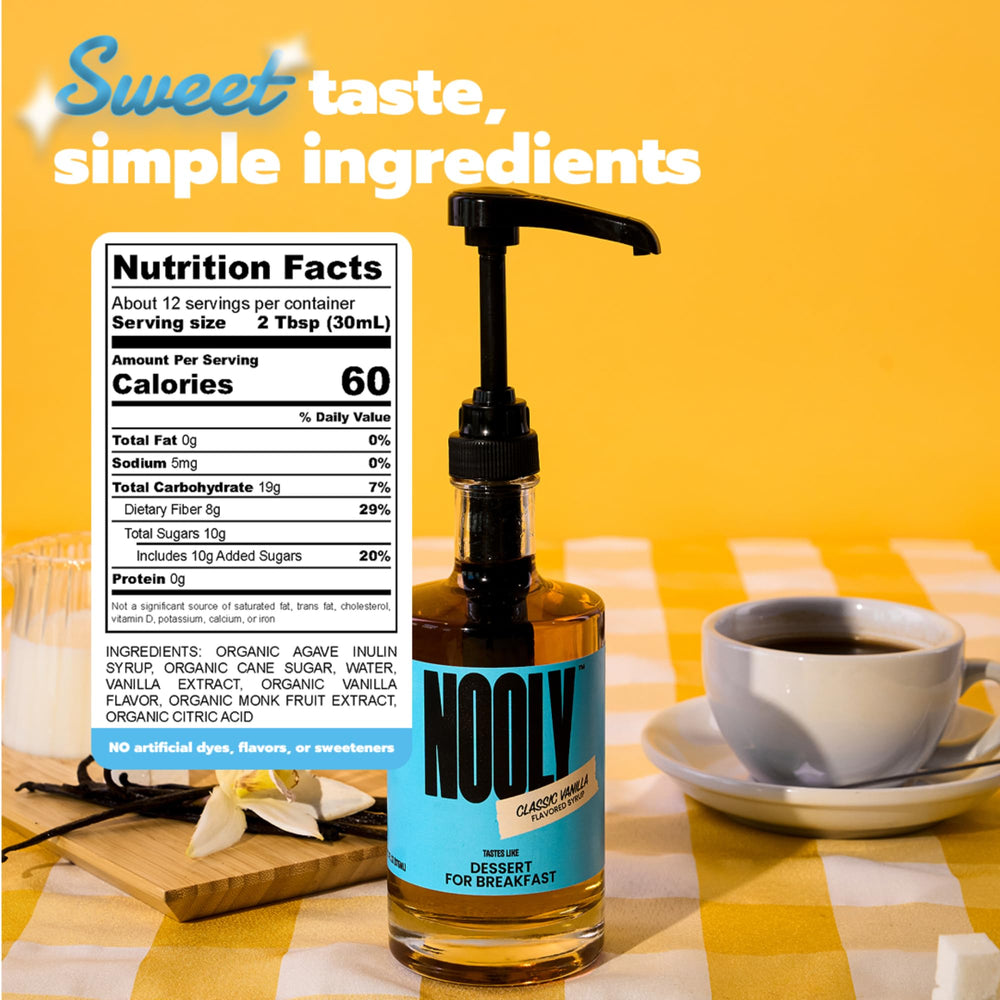 NOOLY syrup pouring into cup with smooth stream, shows easy mixing benefit