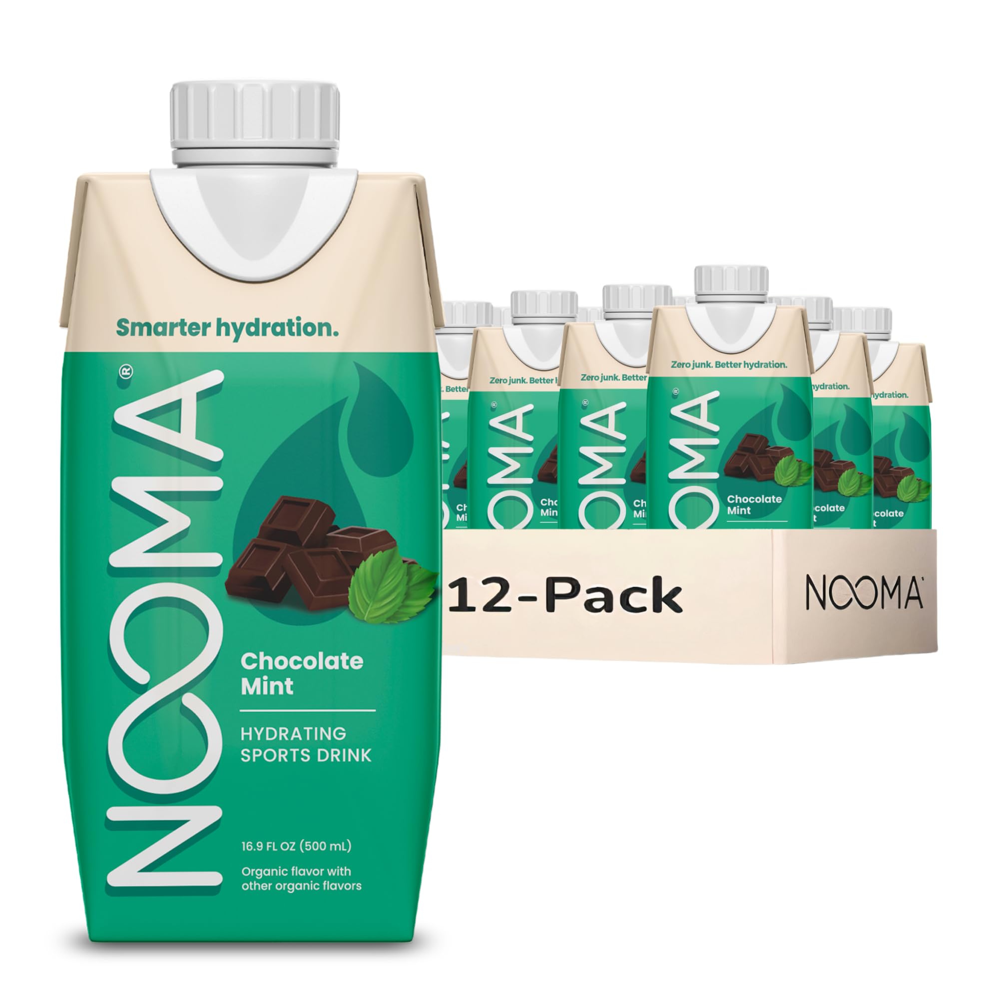NOOMA front packaging showing chocolate mint bottle and organic label for clean hydration