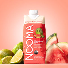 NOOMA close-up label on watermelon lime bottle highlighting organic ingredients and electrolyte count