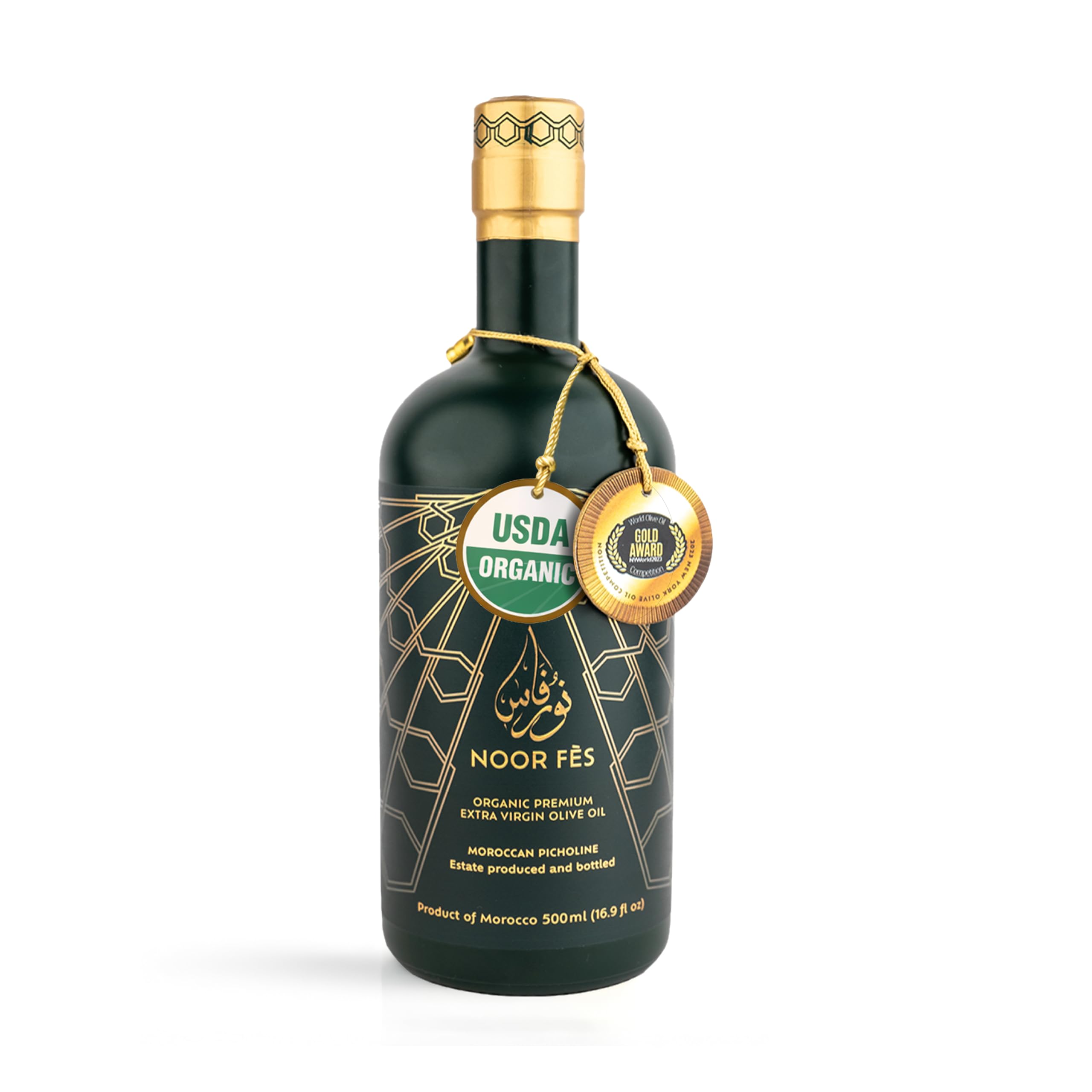 NOOR FÈS front bottle view showing elegant label and UV-protective glass