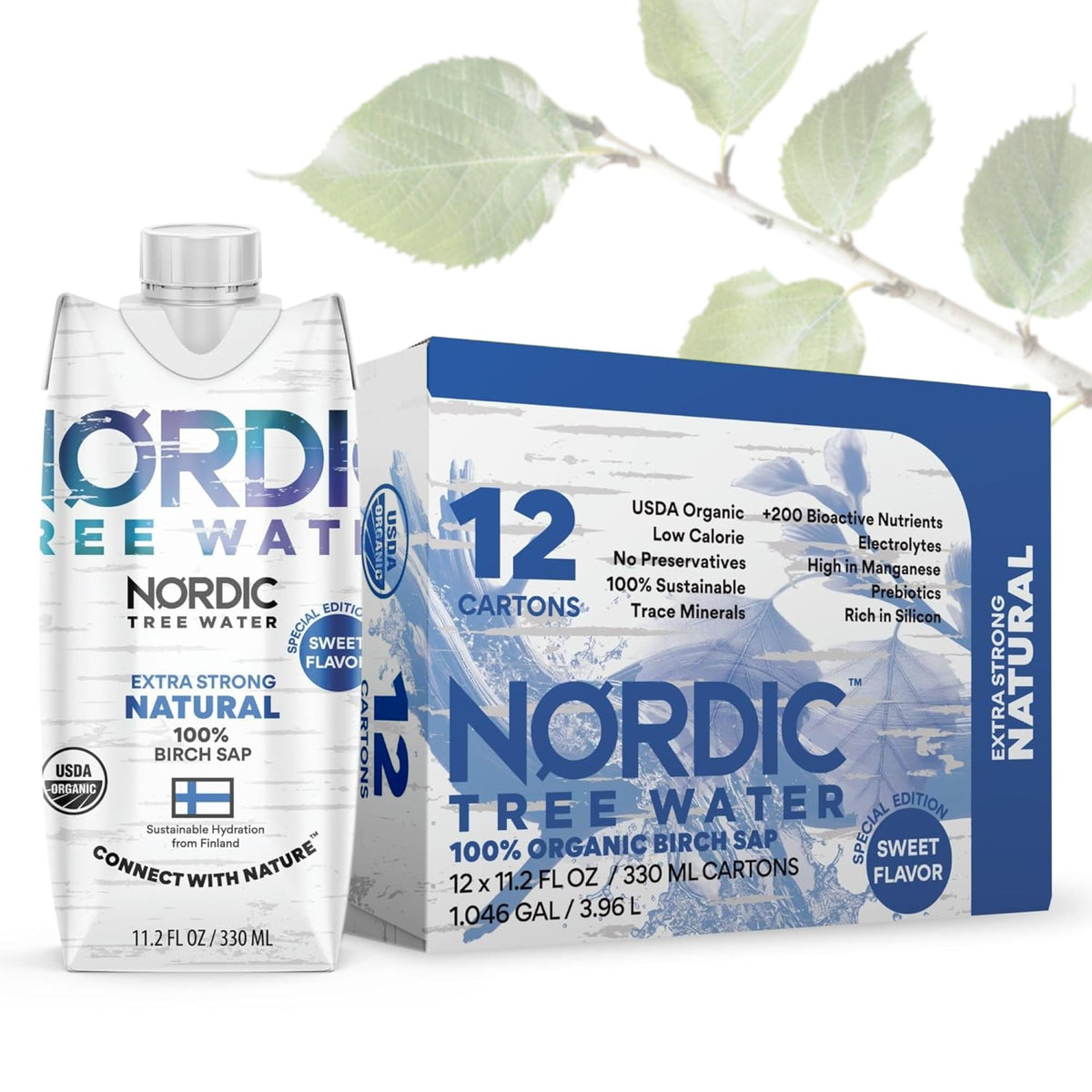 Nordic Tree Water front carton showing branding and sustainable packaging benefits