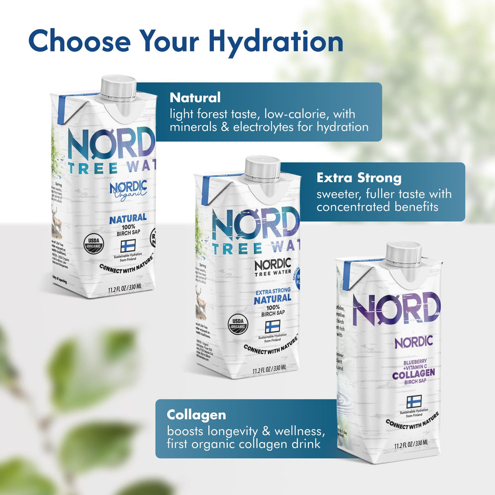 Hand holding Nordic Tree Water carton for scale showing portable, low-calorie hydration
