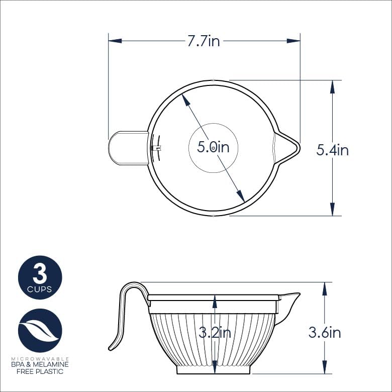 Nordic Ware bowl beside measuring cup illustrating 3-cup capacity and space-saving size