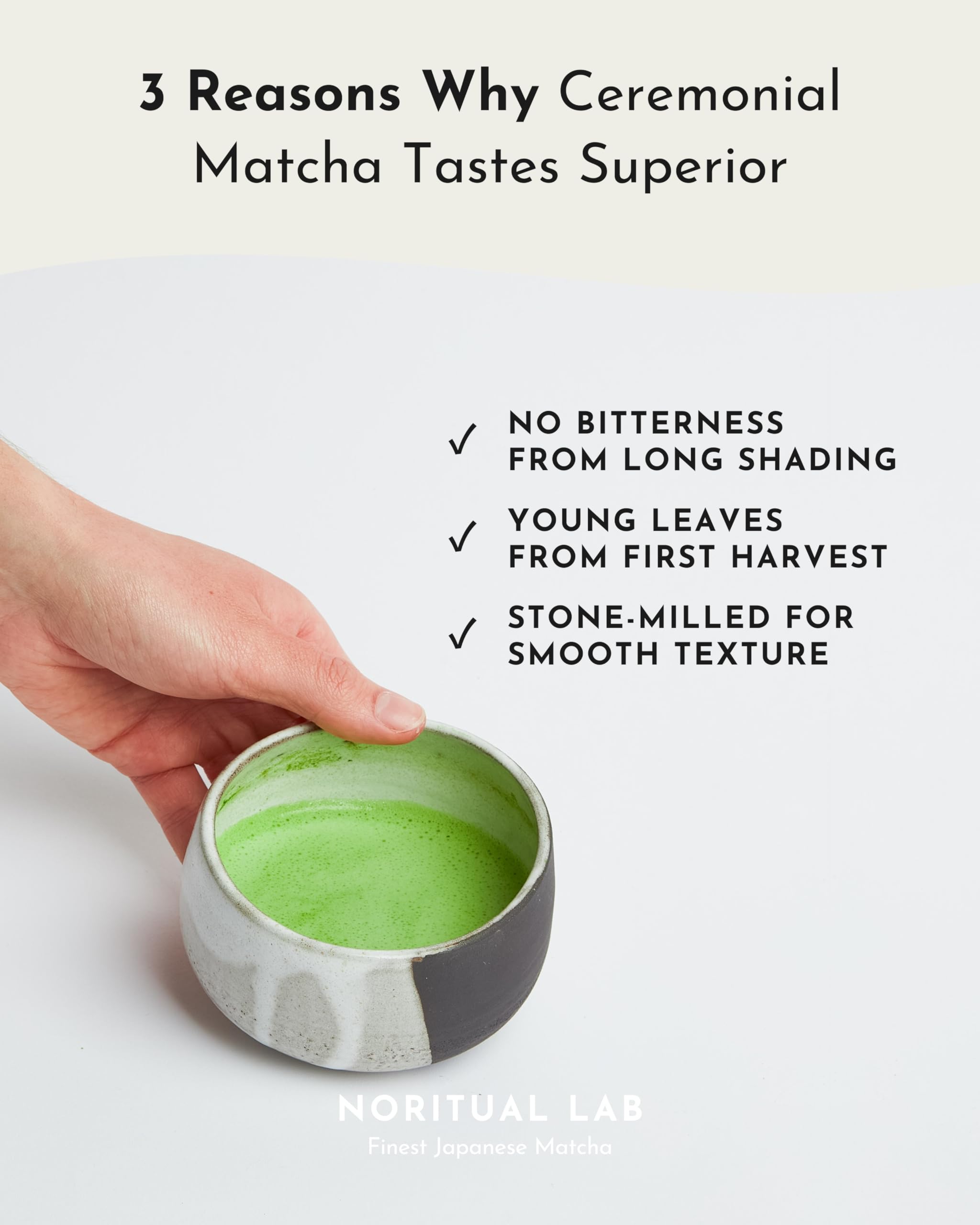 NORITUAL LAB whisked matcha bowl showing frothy crema and vivid color for ideal preparation