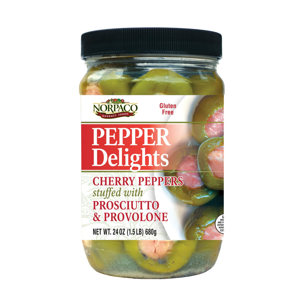 Norpaco front packaging of 24 oz jar showing stuffed cherry peppers, ready to serve
