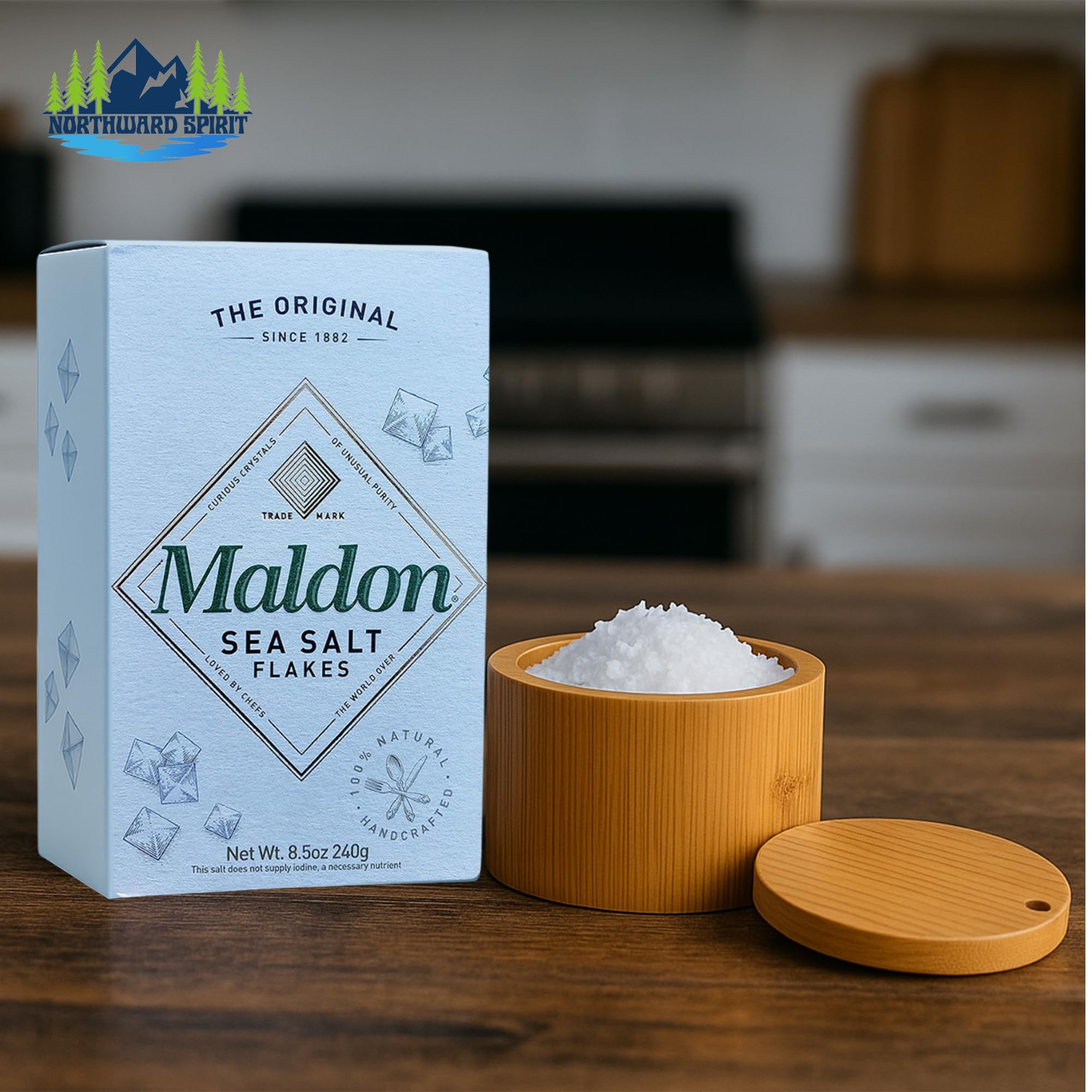 NORTHWARD SPIRIT salt box next to tablespoon to show compact size and scale