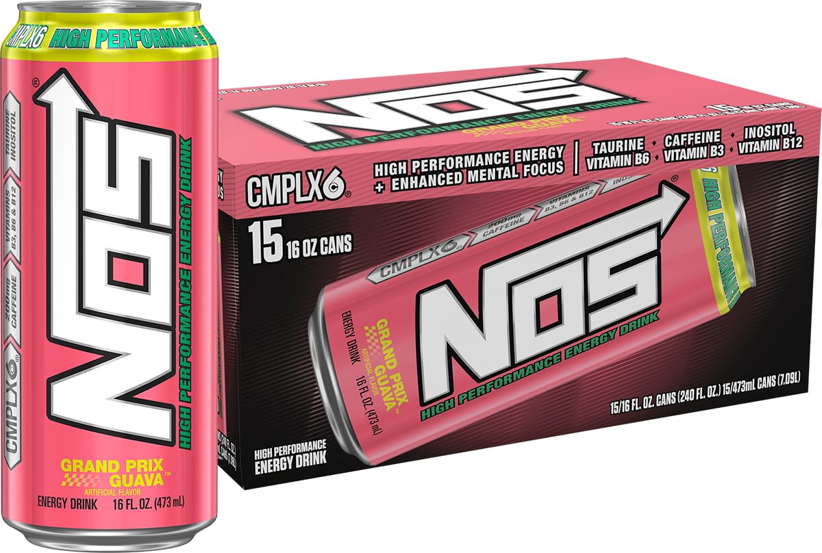 NOS Grand Prix Guava front can showing label and tropical design for bold flavor
