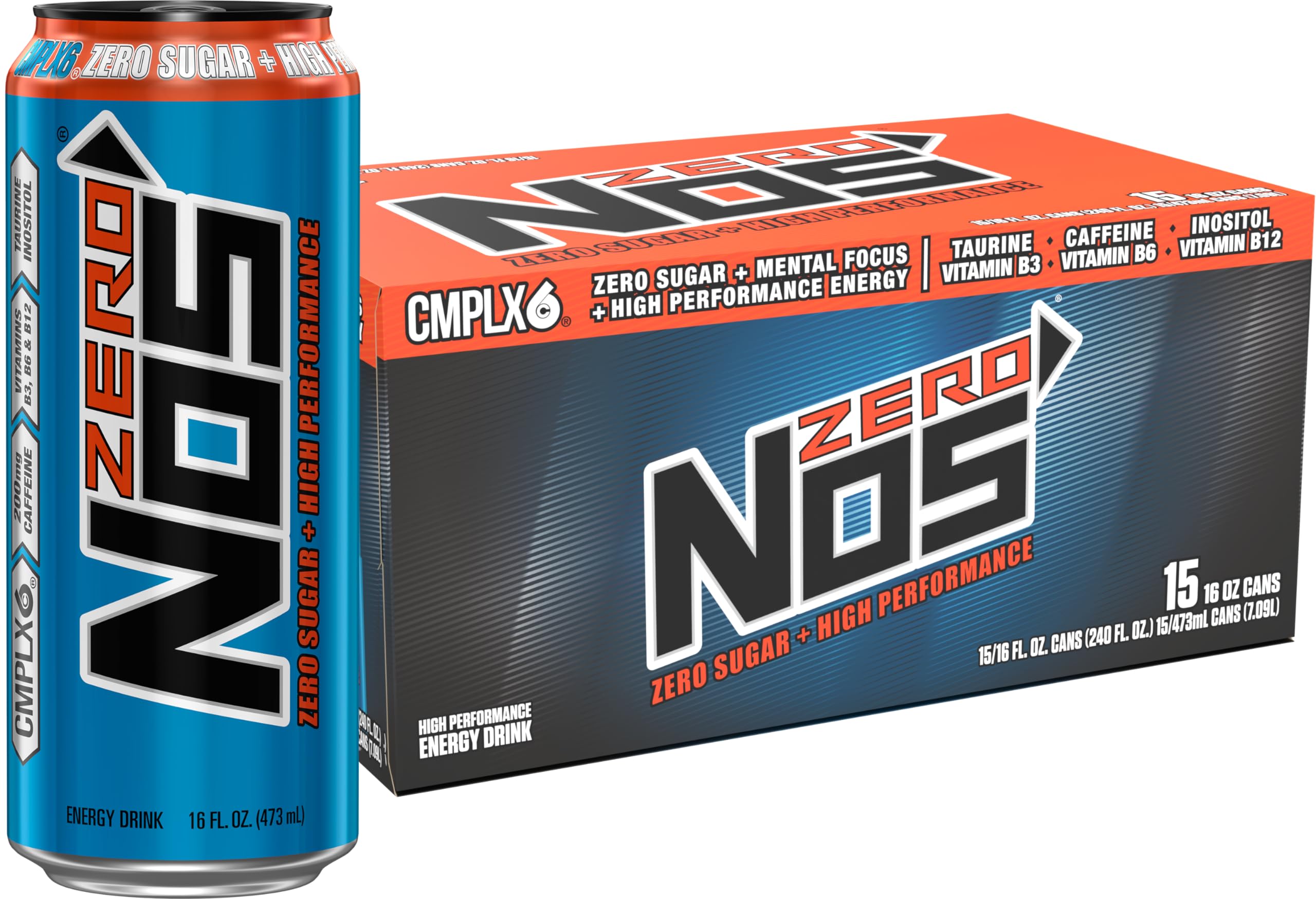 NOS Zero Sugar front can showing label and tropical design, highlighting convenient energy boost