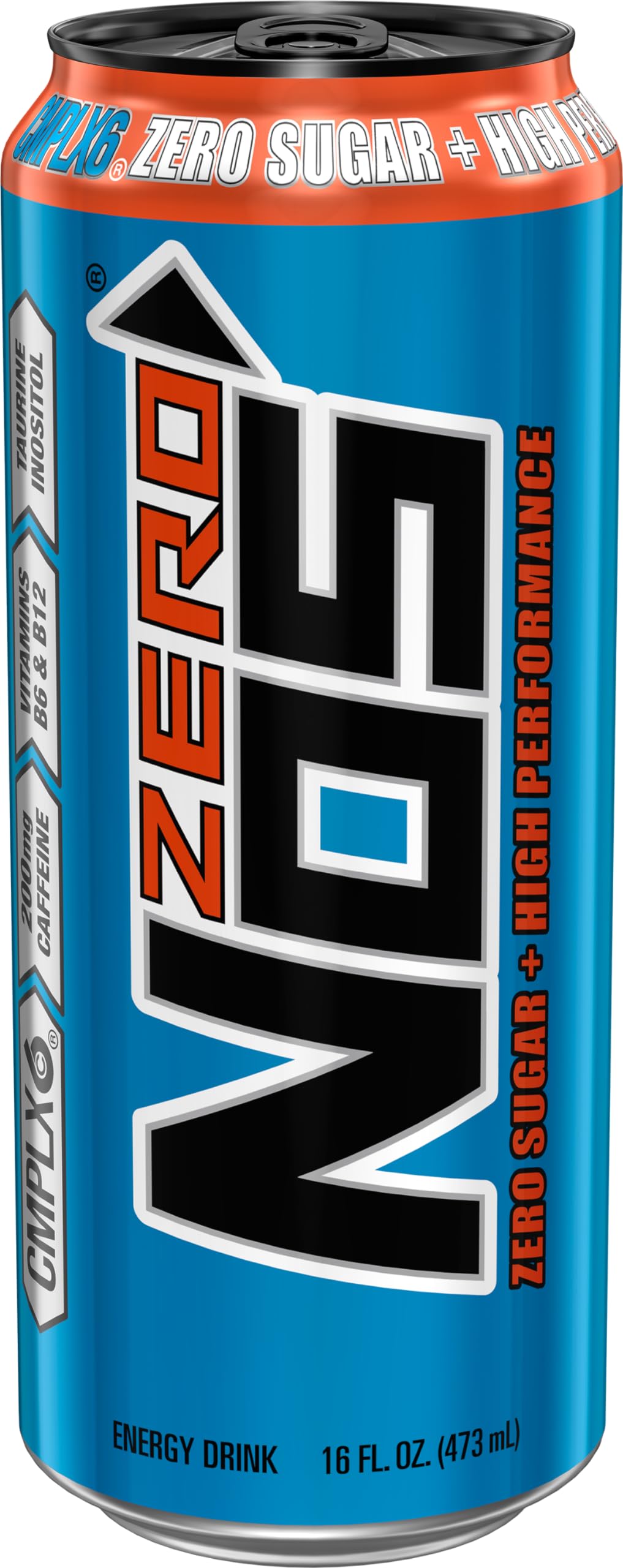 NOS Zero Sugar pouring into glass with foam, showing brand and refreshing taste benefit