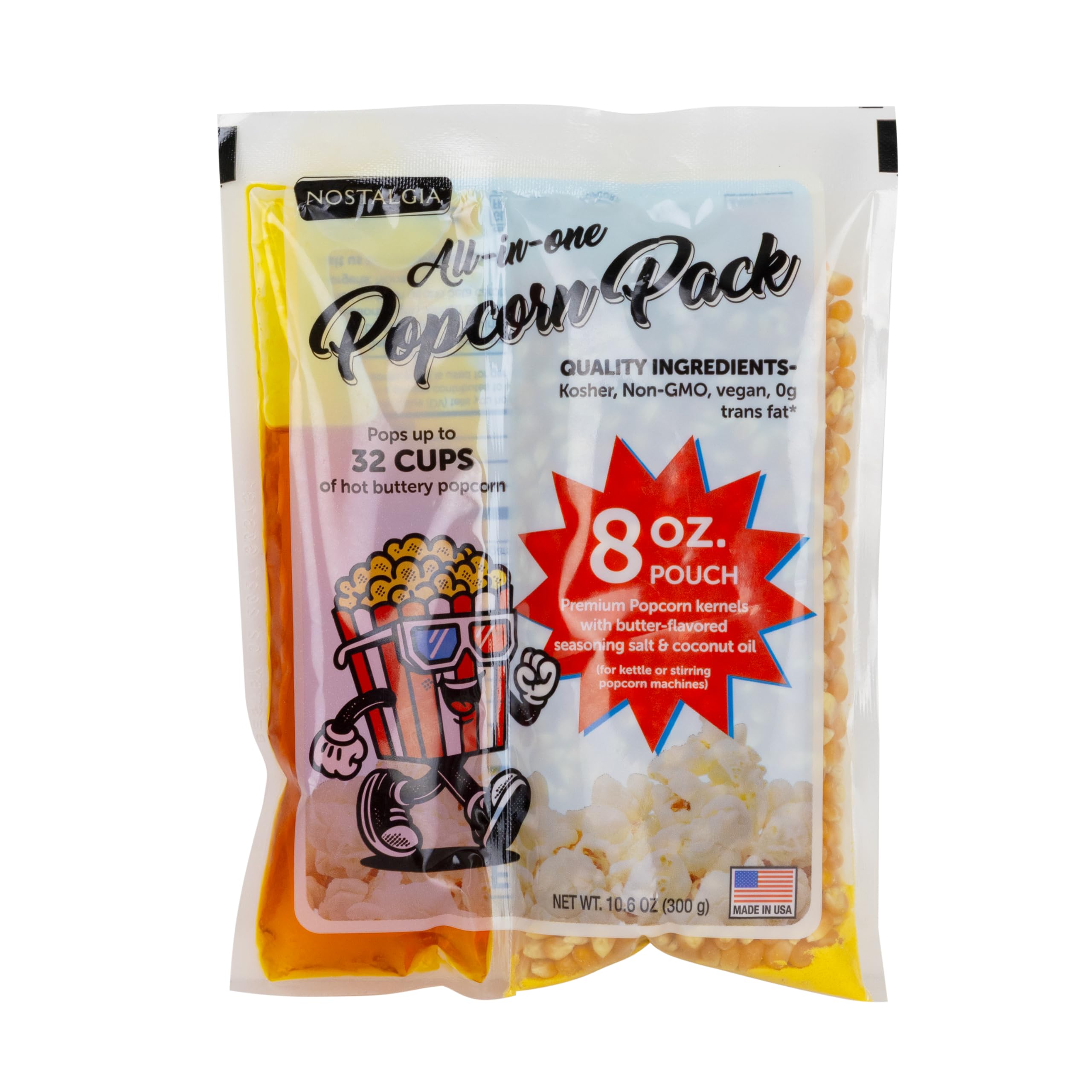Nostalgia front packaging showing 8oz all-in-one popcorn pack and branding benefit convenience