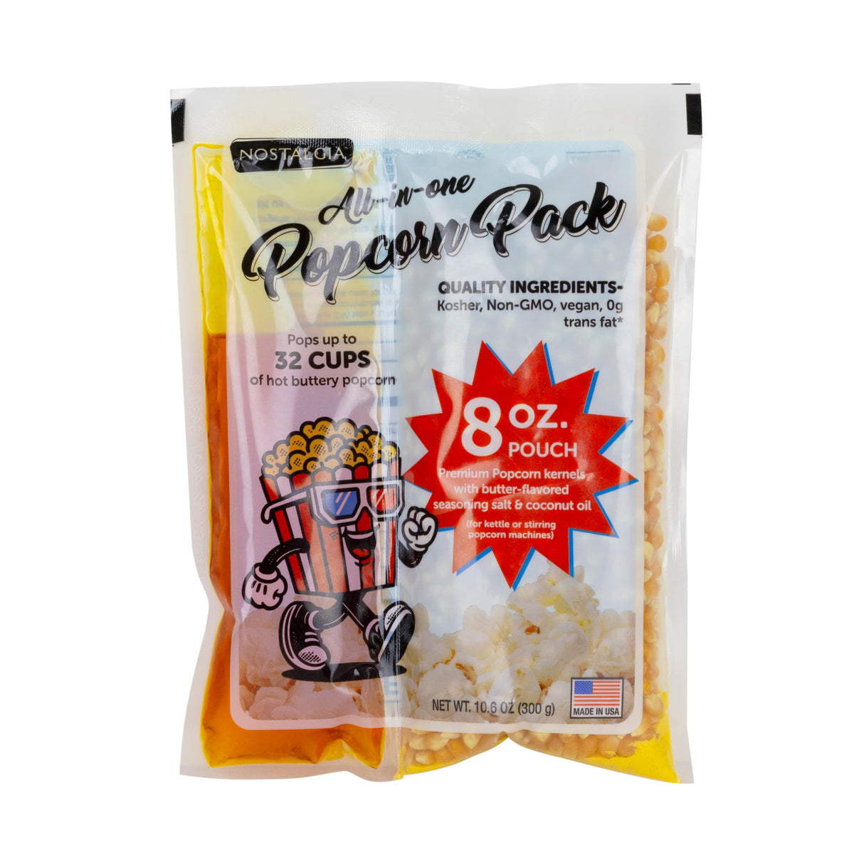 Nostalgia front packaging showing 8oz all-in-one popcorn pack and branding benefit convenience