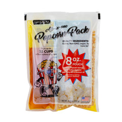 Nostalgia front packaging showing 8oz all-in-one popcorn pack and branding benefit convenience