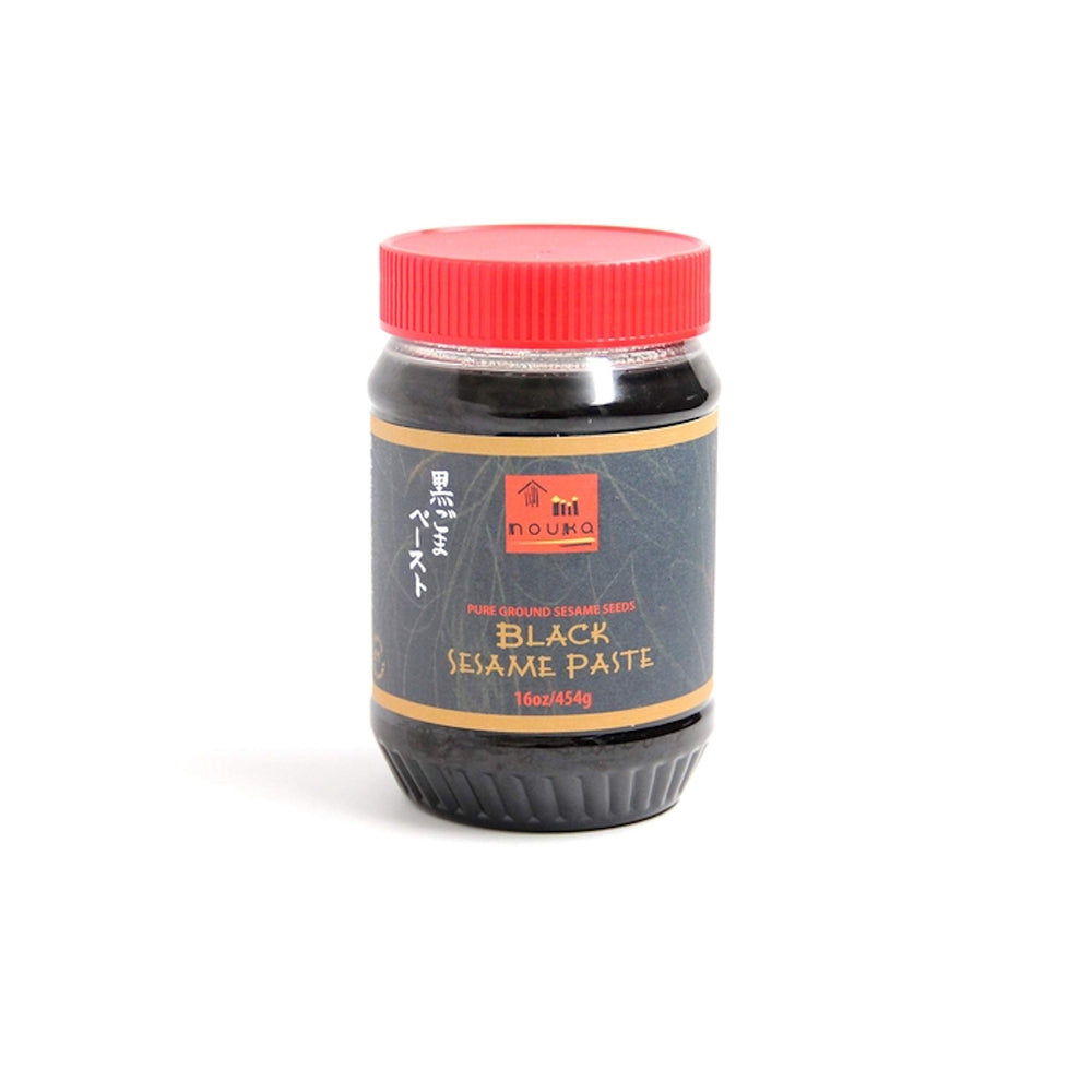 Nouka black sesame paste front jar showing label and spreadable texture for versatile use