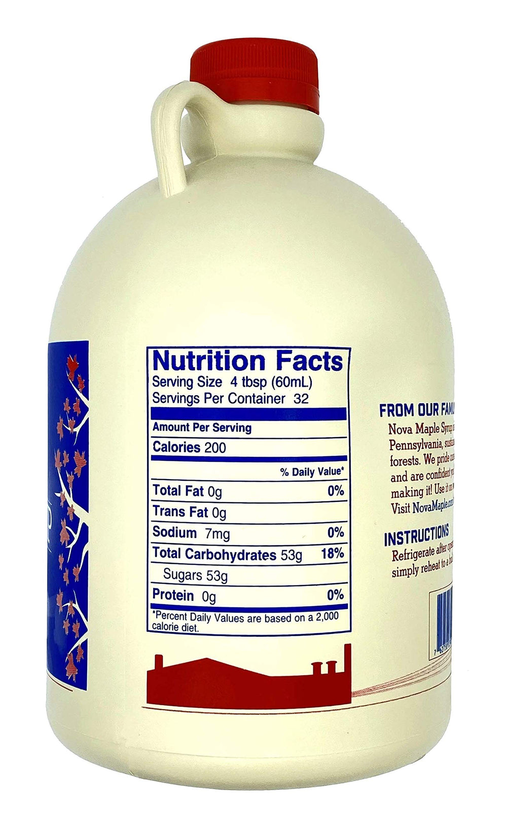 Nova Maple Syrup gallon next to a standard bottle showing size and value benefit